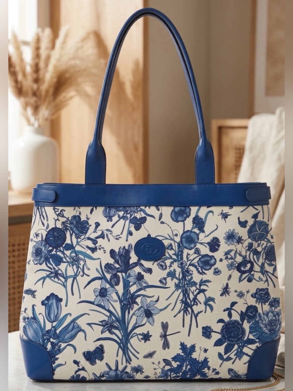 Gucci Blue Floral Canvas Tote with Blue Leather Trim
